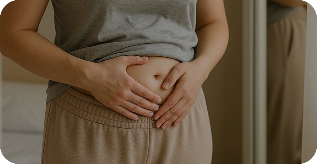 woman in green shirt and beige pants holding her stomach