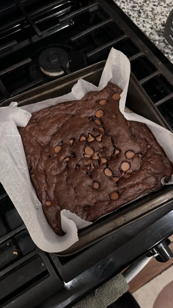 fudgy cocoa brownies in baking tray